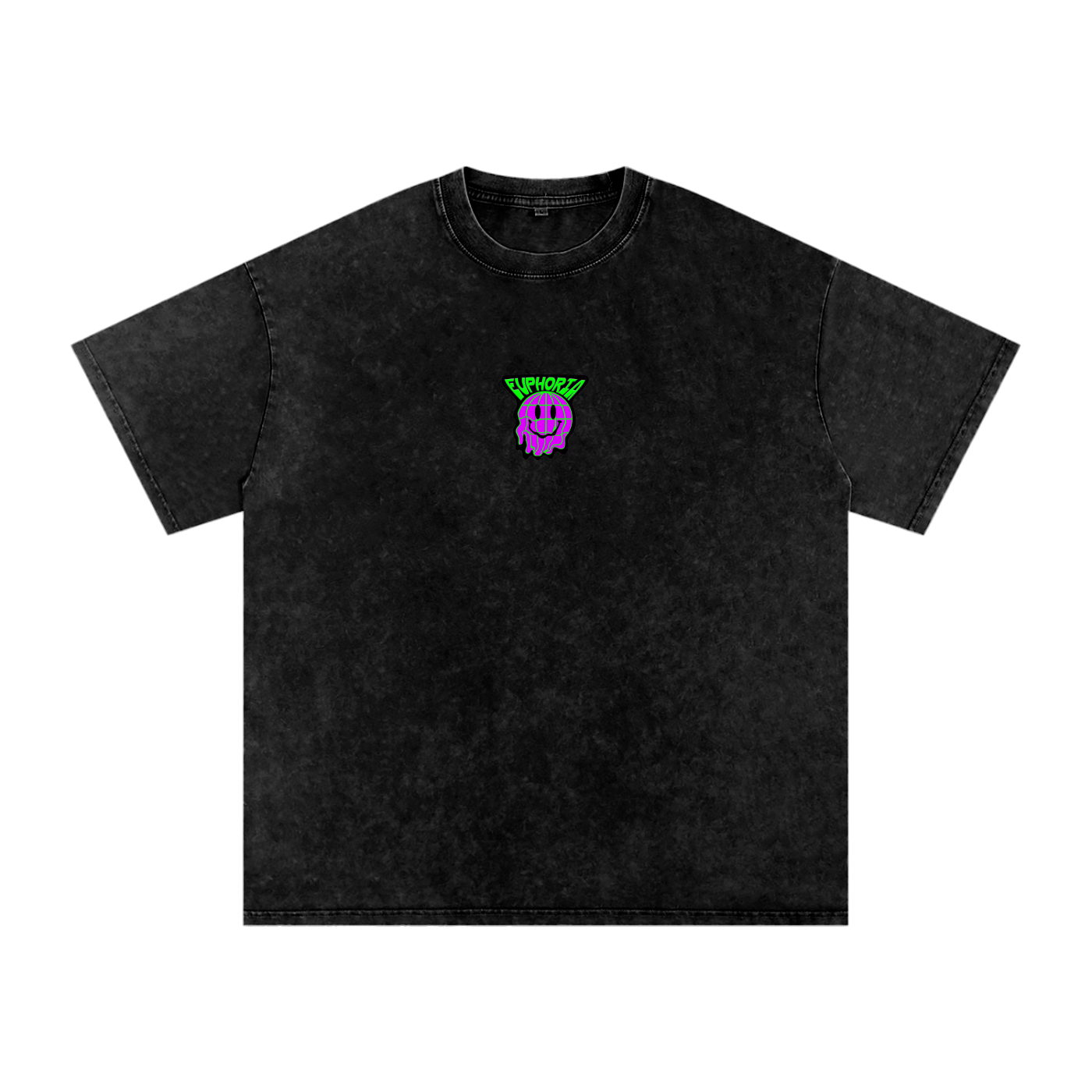 Black t-shirt with a small graphic on a white background
